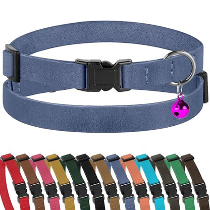 Muromto Breakaway Cat Collar Leather Soft Adjustable Pet Kitten Collars with Bell Pink Brown Blue Green Red (Blue)