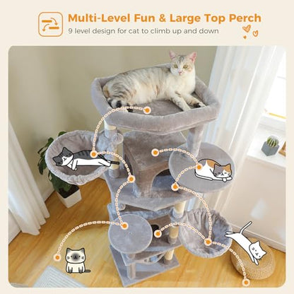 71.2 Inches Tall Cat Tree for Large Cats, Multi-Level Cat Tower with 2 Cozy Condos, Super Large Top Perch, 3 Hammocks, Sisal Scratching Posts and 2 Pompoms, Grey - color: Grey, size: 71.2 Inches