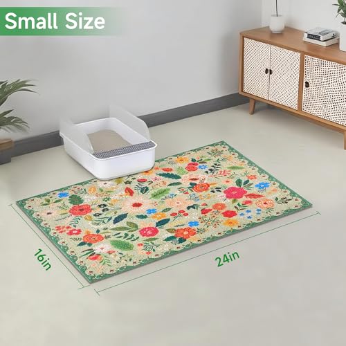 Cat Litter Mat, 24" x 16" Litter Box mat, Upgrade Non-Slip Kitty Litter mat, Traps 100% Litter, Soft on Kitty Paws, Easy Clean for Scatter Control, Bohe cat Food mat, Urine Waterproof - color: Green Garden, size: Small（24"x16"）