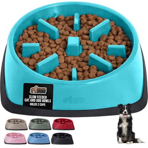 GORILLA GRIP® Patented BPA Free Slow Feeder Dog Bowls, Interactive Puzzle Toy for Dogs and Cats Food Training Enrichment, Keeps Pets Busy and Prevents Puppy Overeating, All Breeds, 2 Cup, Turquoise - color: Turquoise, size: 2 Cup