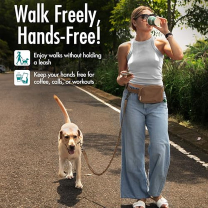 Hands Free Dog Leash with Dog Treat Pouch - Stylish & Trendy Waist Leash for Dog Walking - Wear Around the Waist or Crossbody - Durable & Detachable - Shock Absorbing - Waste Bag Dispenser - color: Caramel