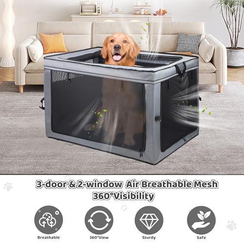 MEGHNA Dog Crate Portable Collapsible Lightweight Soft Sided Folding Travel Dog Kennel Double Door Collapsible 620D Oxford Fabric Cage (Grey, Large) - size: Large