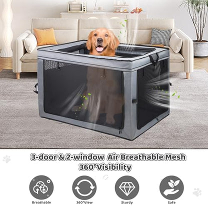 MEGHNA Dog Crate Portable Collapsible Lightweight Soft Sided Folding Travel Dog Kennel Double Door Collapsible 620D Oxford Fabric Cage (Grey, Large) - size: Large