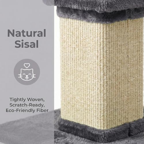 32" Tall Cat Scratching Post, Cat Scratcher with Heavy Duty Thick Wood Base, Cat Tower with Natural Sisal Rope and Hanging Ball, Plant-Like Design Scratching Post, for Small and Adult Kittens, Grey - color: Dark Grey
