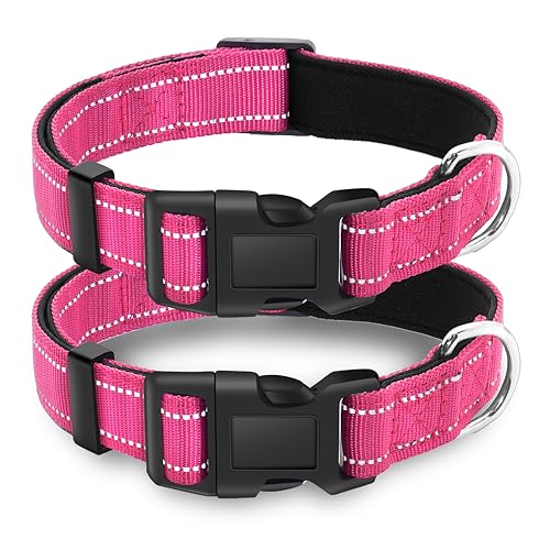 2 Pack Reflective Dog Collar with Safety Locking Buckle, Adjustable Soft Breathable Comfortable Nylon Pet Collar for Small, Medium and Large Dogs, Hotpink, S - color: A-Hotpink(2 Collars), size: Small (Width 3/4")