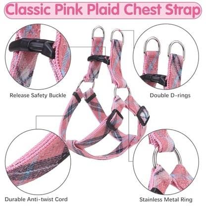 BINGPET Dog Harness Collar Leash Set,Adjustable No Pull Escape Proof Small Dog Harness,Classic Plaid Puppy Harness and Leash Set for Small Medium Large Dogs Training Easy Walk Running(Pink,S) - color: Pink Plaid, size: S(Chest Girth:14.9''-20.9'')