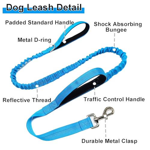 5FT Bungee Dog Leash with 2 Handles, Reflective Strong Nylon Traffic Leash, Shock Absorbing Lead for Large Medium Dogs Walking Training Controlling, Blue - color: Blue