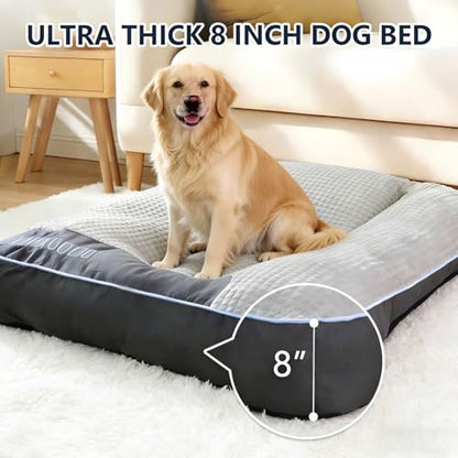 Orthopedic Rectangle Dog Bed for XL Dogs Up to 110lbs, Soft Fluffy Warm Extra Thick Pet Sofa Bed, Ergonomic Curved Crate Pad with Pillow & Non-Slip Bottom(Grey,47" L x 37" W x 8" Th) - size: XL(47" L x 37" W x 8" Th)