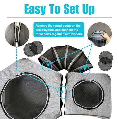 Portable Dog Playpen 2-Room with Tunnel, 3-in-1 Large Cat Crate Play Enclosure with Separate Areas, Foldable Pet Playpen for Puppy Kitten and Small Animals Indoor Outdoor - size: Large