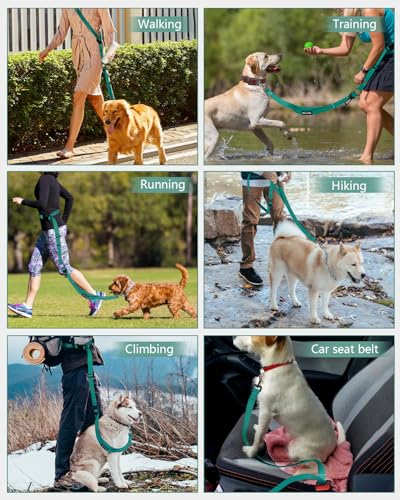 Hands Free Dog Leash, Multifunctional Crossbody Dog Leash, 5.9-9.5Ft Long Waist Belt with Car Seatbelt and Double-Sided Reflective Stitches for Medium and Large Dogs Walking, Jogging(Green) - color: Green, size: Large-5.9-9.5ft