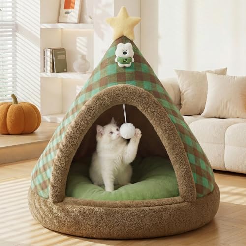 Jiupety Cat Beds for Indoor Cats,Cat House with Removable Washable Cushioned,2-in-1 Cat Bed Cave with Anti-Slip Bottom Ultra-Soft Cat Tent for Kittens and Small Pets,Green 18.9In - size: Meduim