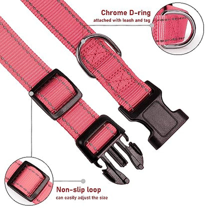 Reflective Dog Collar with Buckle Adjustable Safety Nylon Collars for Small Medium Large Dogs, Light Pink XL - color: Light Pink, size: XLarge :Width 1",Neck 16-26"