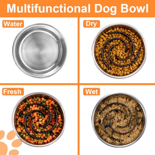 2-in-1 Metal Dog Bowl with Slow Feeder Insert, Stainless Steel Dog Bowls Food Grade 304, Water Food Bowl with Anti-Slip Silicone Base for Small, Medium, Large Dogs - color: Black, size: 2 Cups
