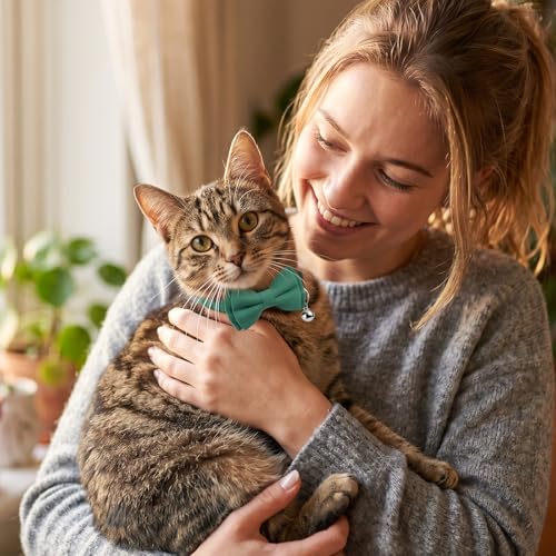 3pcs Bow Tie Cat Collar with Bells, Breakaway Bowtie Plaid Cat Collar, Soft Adjustable Bow Cats Collars for Kitten Puppy and Small Pets(Green) - color: dark green