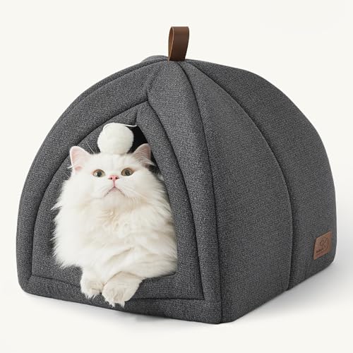 Bedsure Cat Beds for Indoor Cats - 2 in 1 Cat Cave House Tent for Kittens and Small Pets with Removable Washable Cushioned Pillow, Foldable Kitten Hideaway with Non-Slip Bottom, Dark Grey, 16 inches - color: Dark Grey, size: M(16x16x16)