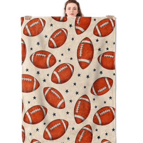 Retro Football and Star Blanket, Sport Ball Flannel Throw Blankets, 50"x60", Soft Warm Lightweight Fuzzy Cozy Throws for Couch Bed Sofa Decorative Gifts for Rugby Fans Boys Teen Men, Beige - color: Football, size: 50x60 inch