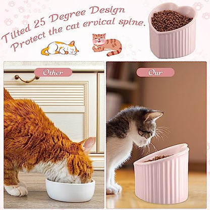 Mumufy 2 Pcs Ceramic Elevated Cat Bowls Tilted Elevated Raised Pet Bowls Anti Vomit Cat Dish for Indoor Stress Free Water Dish Feeder for Puppies, Heart Shaped(Pink) - color: Pink