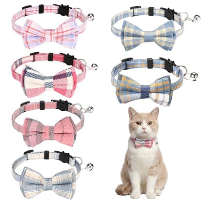 6 Pcs Cat Collar Breakaway with Bow Tie and Bell Kitten Collars Removable Bowtie Plaid Cat Collar for Cats Kittens Puppy (Cute) - style: Cute