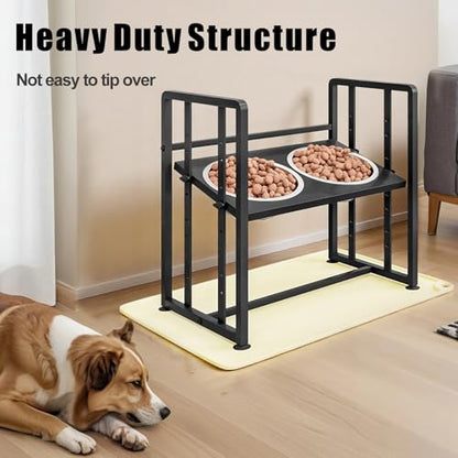 Elevated Dog Bowls 4 Height Adjustable Metal Pet Food Feeder Stand with 2 Stainless Steel Bowl Raised Dogs Feeding Station with Non-Slip Mats Black (Black, with Feeding Mat) - color: Black+Yellow-B, size: 17.91x11.02x17.05in