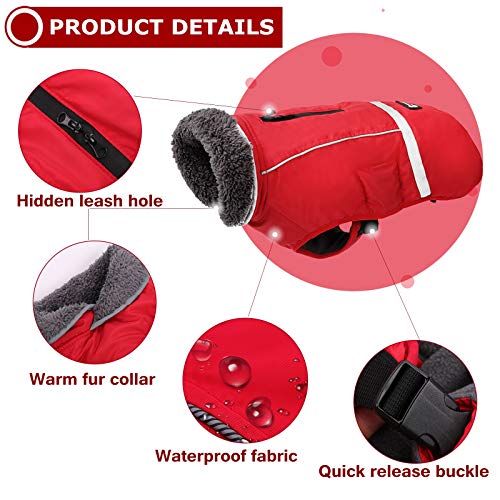 QBLEEV Warm & Waterproof Dog Coat - Reflective Turtleneck with Thick Fleece for Winter and Snow, S, M, L Dogs - color: Red, size: Small
