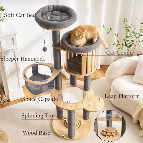 797Audio Wood Modern Cat Tree, 61.5" Cat Tower with Sisal Scratching Posts, Cat Condo, Capsule, Hamnock and Spinner Toy,Solid Wooden Aesthetic Multi-Level Cat Climbing Tree for Adult Indoor Cats-Gray - color: 62 Inch-Turntable-Gray