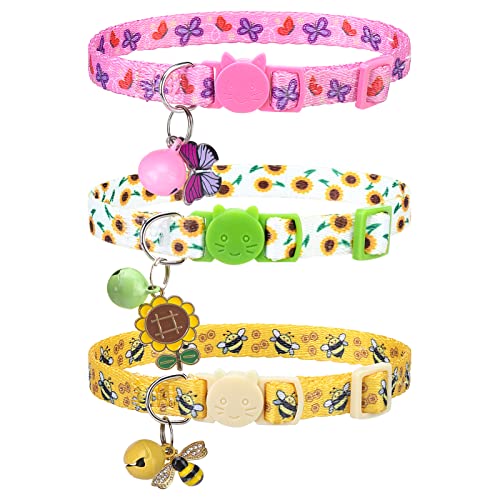 Breakaway Cat Collars with Bell & Cute Pendants, 3 Pack Safety Buckle Kitten Collars, Adjustable Pet Collar Ideal for Girl Boy Cats Puppy - color: Style A - Vitality