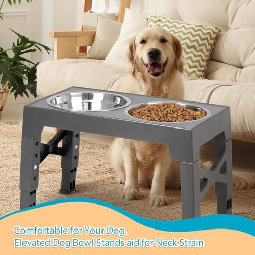 Niubya Elevated Dog Bowls with 2 Stainless Steel Dog Food Bowls, Raised Dog Bowl Adjusts to 5 Heights (3.15", 8.66", 9.84",11.02", 12.2") for Small Medium and Large Dogs - color: Grey