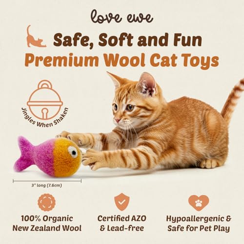 Hustle & Blush Love Ewe Felted Cat Toys 3 Pack - 3 Inch Fish w/Bell & 2 Inch Ball Hand Made Cute & Fun Design Kitten Wool Felt Balls for Indoor Play & Exercise -100% New Zealand Handmade Felted Balls - color: Fish & ball