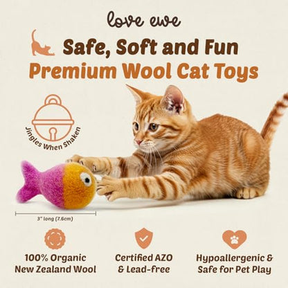 Hustle & Blush Love Ewe Felted Cat Toys 3 Pack - 3 Inch Fish w/Bell & 2 Inch Ball Hand Made Cute & Fun Design Kitten Wool Felt Balls for Indoor Play & Exercise -100% New Zealand Handmade Felted Balls - color: Fish & ball
