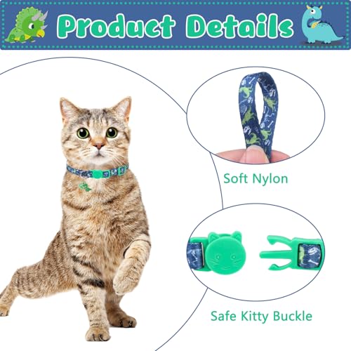 Breakaway Cat Collars with Bell & Cute Pendants, 3 Pack Safety Buckle Kitten Collars, Adjustable Pet Collar Ideal for Girl Boy Cats Puppy (Style A - Dinosaur) - color: Style A - Dinosaur