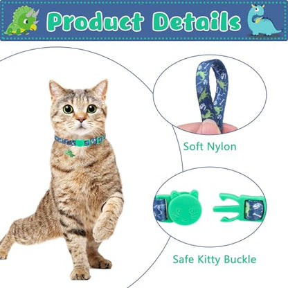 Breakaway Cat Collars with Bell & Cute Pendants, 3 Pack Safety Buckle Kitten Collars, Adjustable Pet Collar Ideal for Girl Boy Cats Puppy (Style A - Dinosaur) - color: Style A - Dinosaur