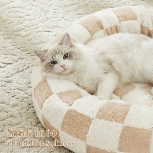 Ohocut Checkered Cat Dog Bed, Cute Beige Khaki Retro Style Aesthetic Round Warming Pet Calming Beds for Small Dog and Cats, Plush Cozy Donut Beds Washable, 23" L x 23" W x 8" Th - color: Beige, size: 23"L x 23"W x 8"Th