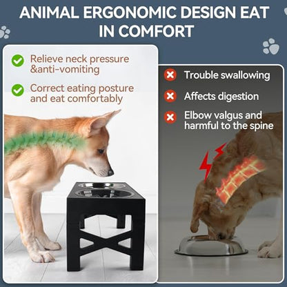 PAWISE Elevated Dog Bowls, Raised Dog Bowl with Slow Feeder Bowl & Stainless Steel Bowls, 5 Heights Adjustable Dog Feeding Bowl Stand for Small Medium Large Dogs, Food Dishes with Non-Slip Feet