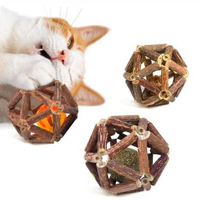 SunGrow Silverine Balls for Cats, Engaging and Interactive Pet Enrichment, Gall Fruit, Catnip, Bell Ball, Cool Pal Feline Toy, Christmas Stocking Stuffers, Brown, 2.5” (Diameter), 3 Pieces per Set