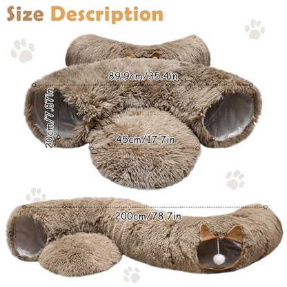 Cat Tunnel Bed for Indoor Cats, Soft Plush Donut Peekaboo Cat Cave, Multifunctional Playground Toy for Small Medium Large Cats, Kittens, Rabbits, Ferrets, with Washable Cushion (Brown) - color: Brown