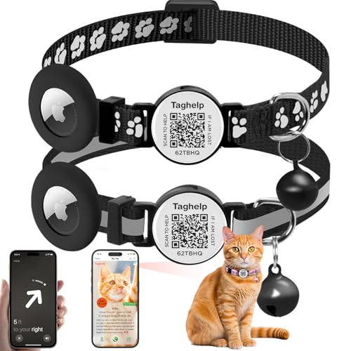 Smart QR Code Cat Collar - 2 Pack Breakaway Safety Collar with Online ID Profile, Reflective, Glow in The Dark & AirTag Holder for Kitten, Cats - Adjustable, Bell Included (Black) - color: reflective strip & Paw pattern - Black, size: Collar with Integr