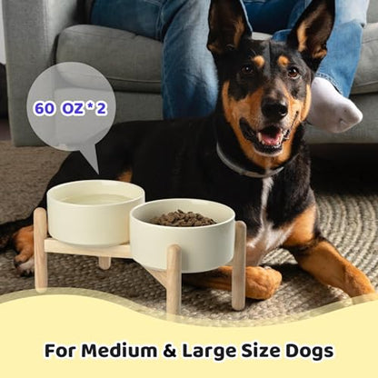 SPUNKYJUNKY Ceramics Elevated Dog Bowls with Wooden Stand - Raised Double 60OZ Cream White Bowls for Medium Large Dogs - color: Cream White (Double Bowls Set), size: Large - 7.6 CUPS
