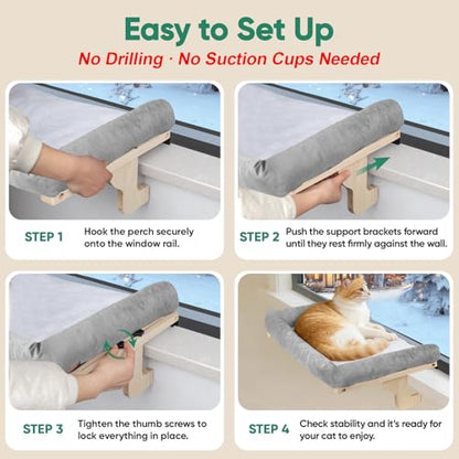 Cat Window Perch with Bolster, Large Hammock Bed for Indoor Cats, Solid Wood & Metal Frame Mounted Perch, Cozy Sunbathing Lounge Bed, 25” Wide (Grey Bed) - color: Gery