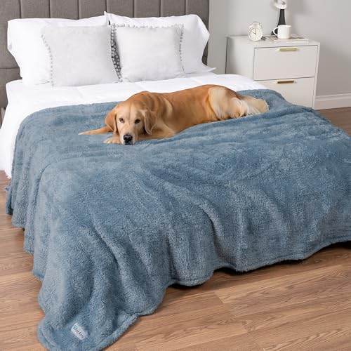 PetAmi Fluffy Waterproof Dog Blanket for Bed Large Dogs, Soft Warm Pet Sherpa Throw Pee Proof Couch Cover, Reversible Cat Blanket Sofa Crate Kennel Protector, Washable Mat Queen (Dusty Blue, 90x90) - color: Dusty Blue, size: Queen (90x90)
