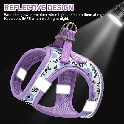 Small Dog Harness Collar and Leash Set, Step in No Chock No Pull Soft Mesh Adjustable Dog Vest Harnesses Plaid Reflective for Dogs Puppy Cats Kitten Rabbit (Purple Flower, XXXS) - color: Purple Flower, size: XXXS