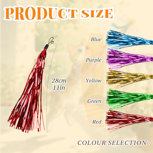 BOROLA 5PCS Cat Teaser Stick Replacement Head Colorful Crinkle Paper & Bells, Attractive Interactive Cat Wand Toy Refills, Crinkle Feather Toys for Kittens and Adult Cats(5 Color)