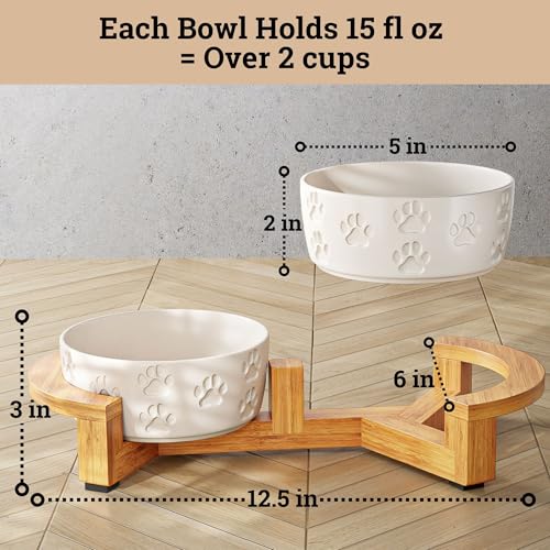 Ceramic Dog Bowls with Stand - Small Dog Bowl Set with Stand Non-Slip - 2 Ceramic Dishes with Anti-Skid Bamboo Stand for Small Dogs - Elevated Dog Bowls Set of 2 - Raised Pet Feeding Station - color: White with Stand, size: Small