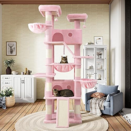 SHA CERLIN 81in Multi-Level Tall Cat Tree Tower for Indoor Kitties/Larger Cat Condo Furniture with Hammock/Cozy Pussycat Perches/Sisal Scratching Posts/Pet House/Wide Base/Pink - color: Pink