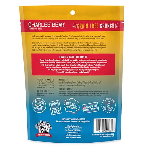 Charlee Bear Crunch Grain Free Dog Treats, Bacon and Blueberry, 8 Ounce Resealable Bag, Low Calorie Training Treats for Dogs, Limited Ingredient, Healthy, Crunchy Dog Snacks, Made in USA - size: 8 Ounce (Pack of 1)