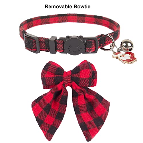ADOGGYGO Christmas Cat Collars Breakaway with Bowtie, 2 Pack Red Green Plaid Xmas Kitten Collar with Removable Bow Bell Christmas Collar for Cats Kittens - color: Red&Green-2