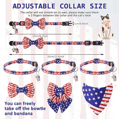 6PCS Independence Cat Collar with Bells Bandana and Bowtie, Breakaway Adjustable Cat Bow Tie Collars, Cute Bow Tie for Kittens Or Certain Puppies - color: Independence Day