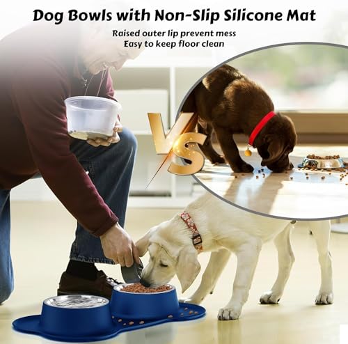 Dog Food Bowls Stainless Steel Dog Bowls, Food Water Bowl Set with No Spill Non-Skid Silicone Mat, Dog Dish Double Pet Feeder Bowls for Small Medium Sized Large Dogs Cats Puppy, Blue - color: BLUE, size: 4¾ Cup/38 oz each