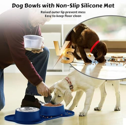 Dog Food Bowls Stainless Steel Dog Bowls, Food Water Bowl Set with No Spill Non-Skid Silicone Mat, Dog Dish Double Pet Feeder Bowls for Small Medium Sized Large Dogs Cats Puppy, Blue - color: BLUE, size: 4¾ Cup/38 oz each