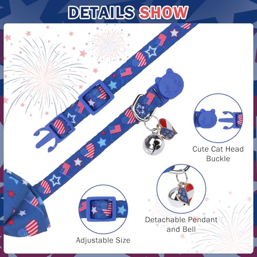 SCENEREAL Independence Cat Collar with Bells, 2 Pack Breakaway Cat Collars with Removable Bowtie Bandana, Adjustable Cute Kitten Collar for Pet Small Dogs Boys Girls - color: Bandanas & Bow (Independence Day - Dark Blue)