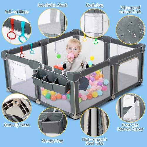 CAPAKIDS Foldable Baby Playpen 59"×71", Out-of-The-Box Ready Playpen for Babies and Toddlers, Portable Play Yard with Breathable Mesh & Gates, Storage Bag & 4 Handlers for Indoor & Outdoor - size: 59"x71"